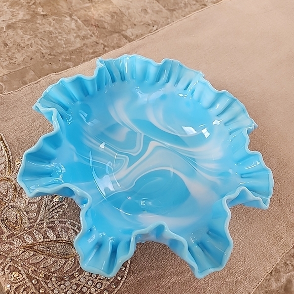 Fenton Other - Fenton Cabbage Rose. Blue And White Slag Bowl With Ruffled Edges, 9 3/4" Round